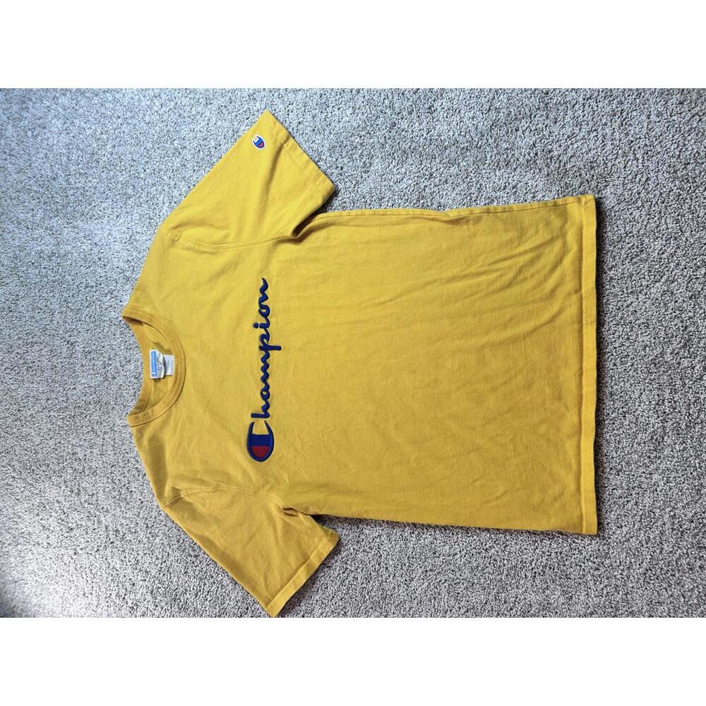 Vintage Champion Men's Medium Yellow Logo T-Shirt